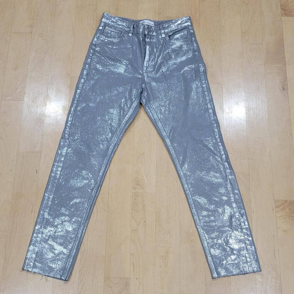 Zara Silver Metallic Raw Hem Jeans Pants